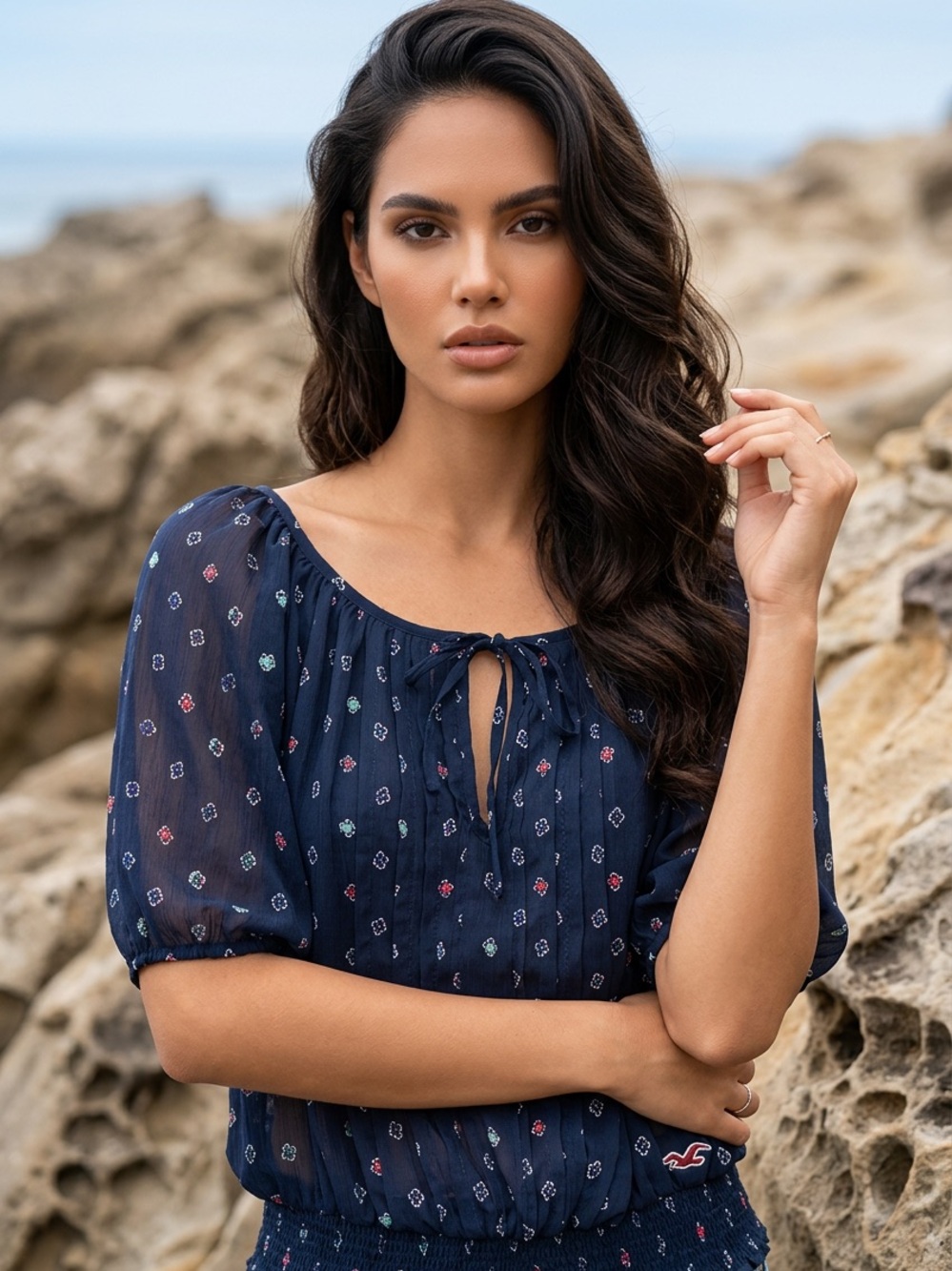 Hollister Navy Floral sheer Tie-Neck Peasant Blouse